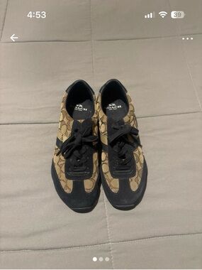 Coach Kids Beige and Black Signature Lace-Up Sneakers